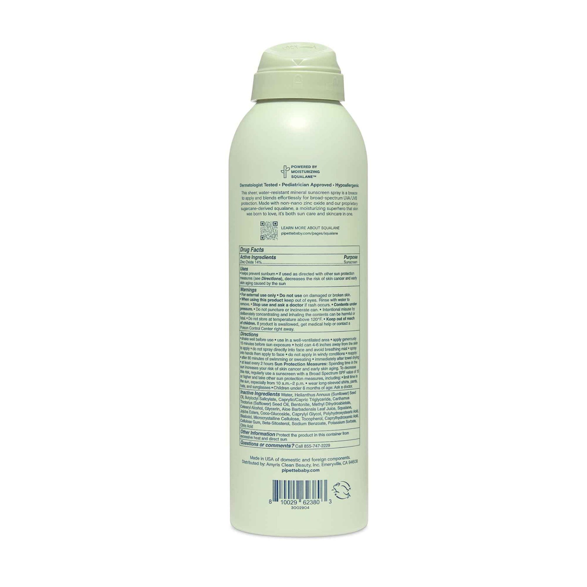 Pipette Baby Mineral Sunscreen Spray SPF 30, Broad Spectrum with Non-Nano Zinc Oxide, Water Resistant UVB/UVA Non-Toxic Sun Protection for Kids & Sensitive Skin, 6 oz