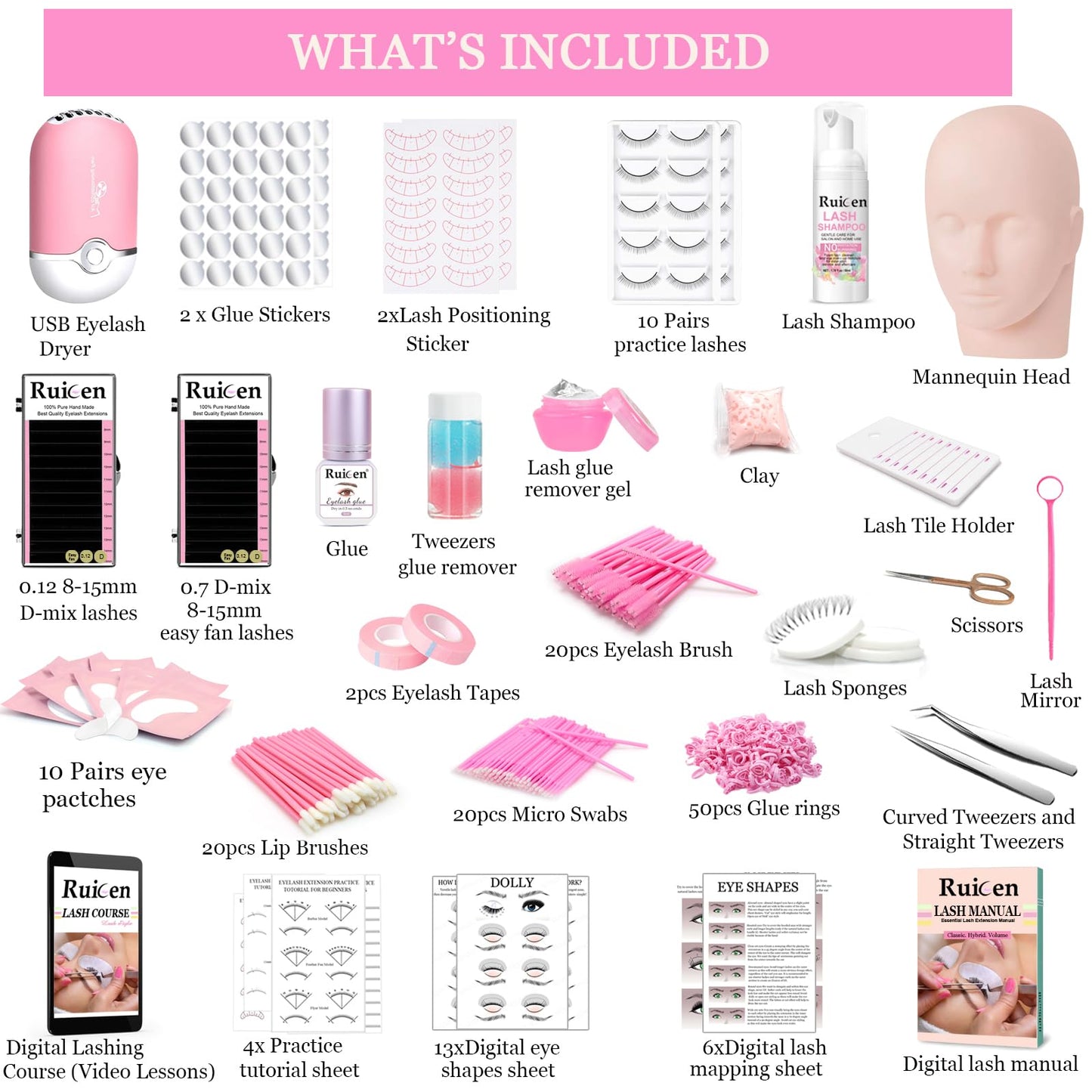 Lash Eyelash Extension Kit for Beginners, Lash Kit for Beginners & Training Course, Beginner Lash Tech Starter Kit Includes Practice Mannequin Head and More Eyelash Extension Supplies Tools