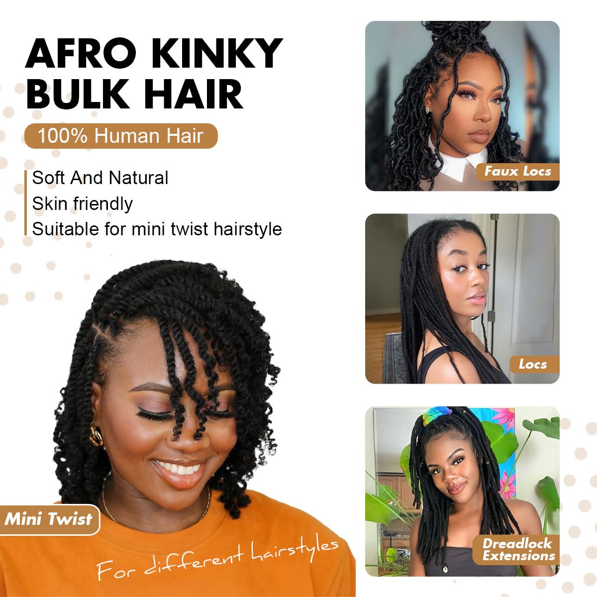 Vecago Afro Kinkys Bulk Human Hair, 4c Curly Hair for Permanent Sister Locs/Mini Twists/Braids/Repair Can Dye and Bleach(16 inch),Black