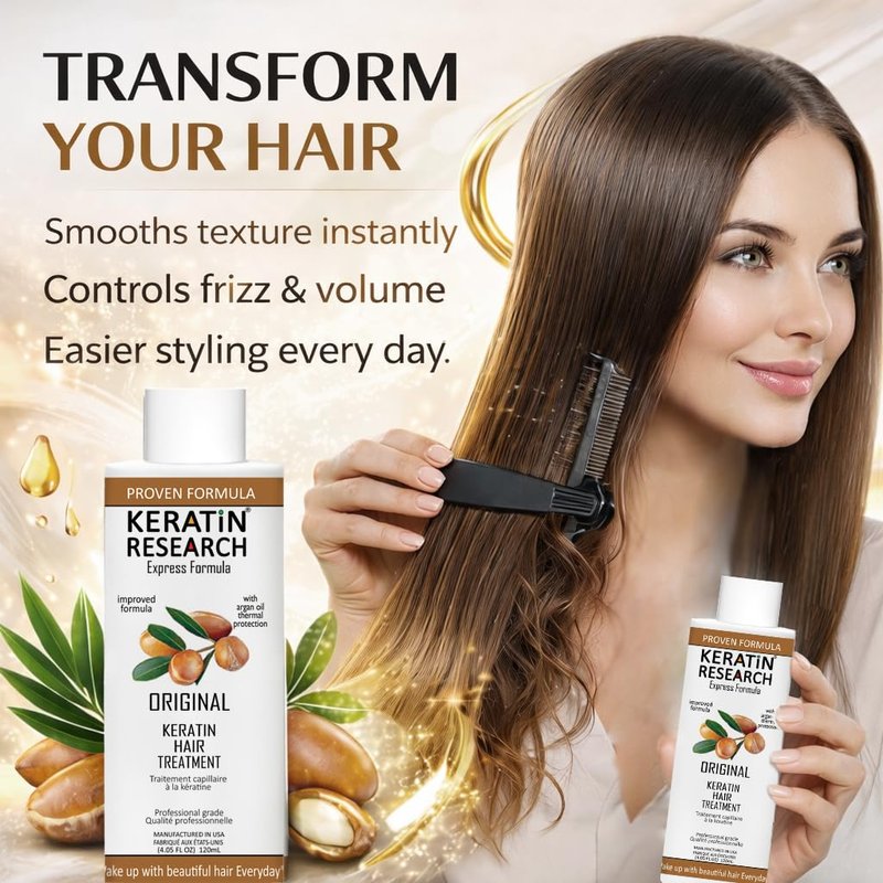 KERATIN RESEARCH Brazilian Keratin Hair Treatment Straightening Complex Blowout LONG Lasting Organic Natural Results with Argan Oil Keratina Brasilera