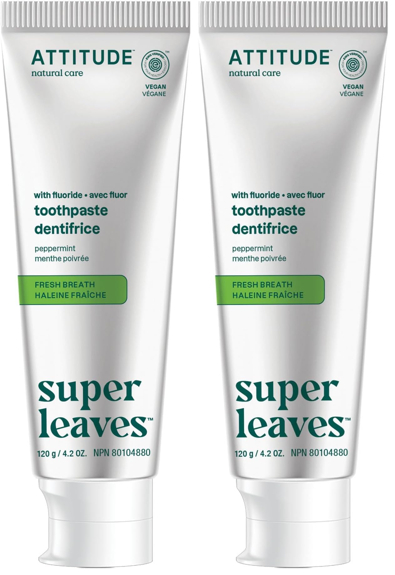ATTITUDE Toothpaste with Fluoride, Prevents Tooth Decay and Cavities, Vegan, Cruelty-Free and Sugar-Free, Fresh Breath, Peppermint, 4.2 Oz (Pack of 2)