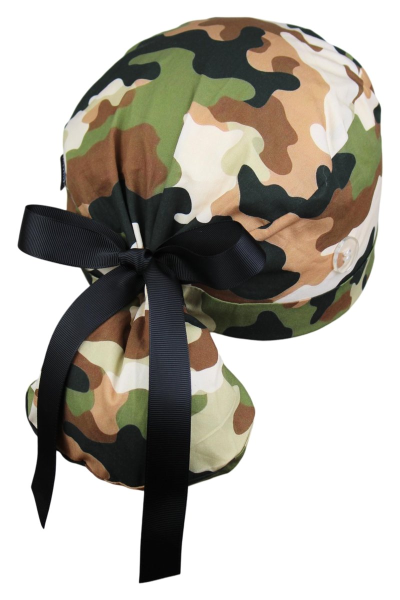 CALOMED Scrub Cap for Women and Men, Ponytail Scrub Caps, Working Hat, Head Cover with Ribbon Ties and Buttons, Long Hair (Christmas Hollyberries)