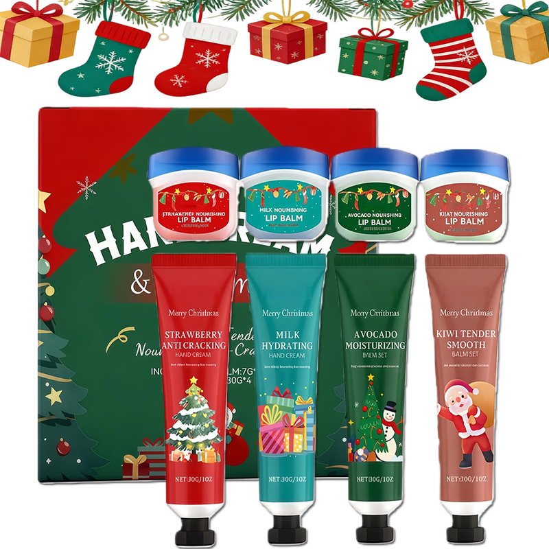 NovaCharm Christmas Hand Cream and Lip Balm Gift Set for Women & Girls, 8PCS Holiday Moisturizing Set with Shea Butter & Avocado Oil – Hydrating, Nourishing, Smoothing Skincare Set for Winter