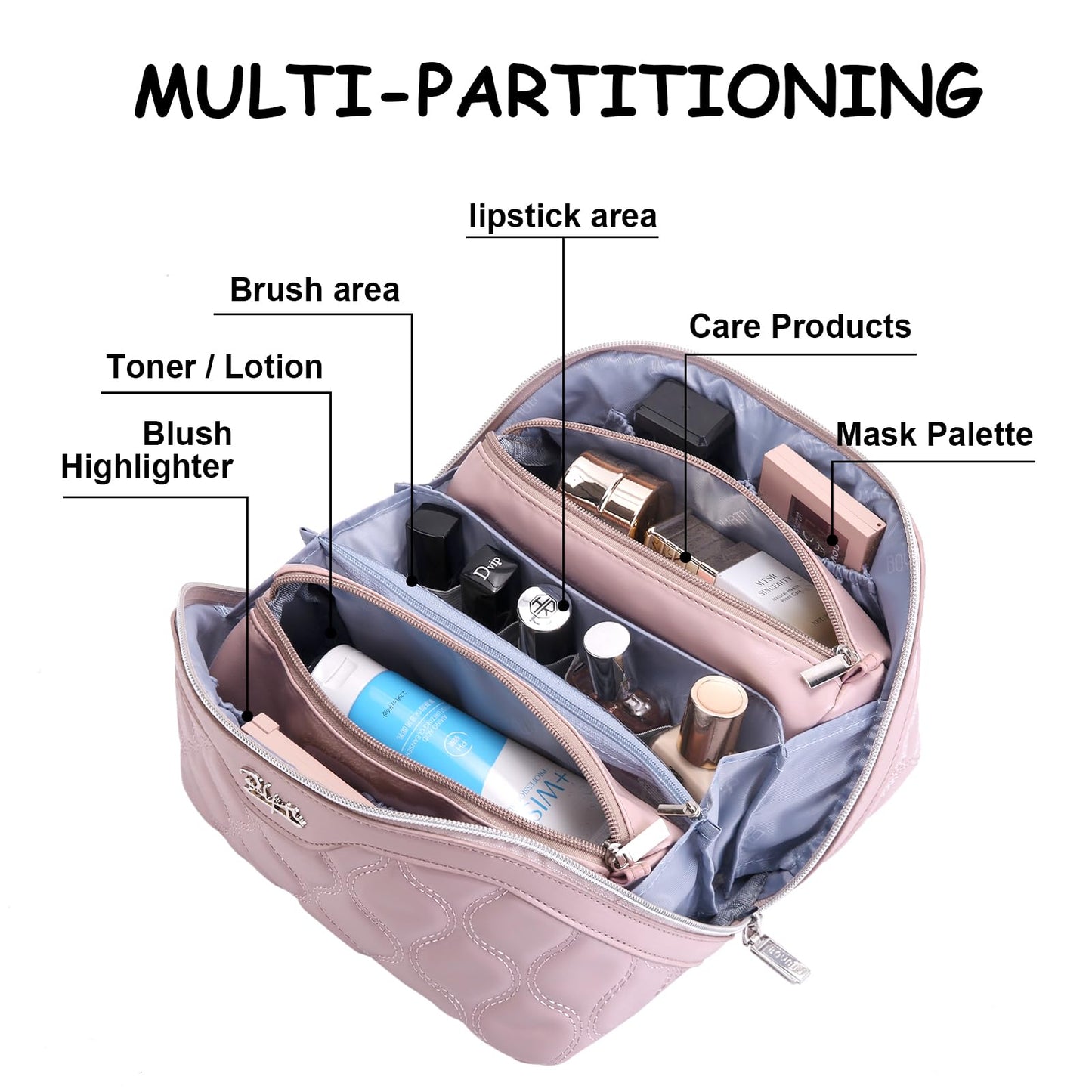 BOYATU Travel Makeup Bags for Women Cosmetic Bag: Puffy Make up Bags Set of 3 - Vegan Leather Makeup Organizer - Waterproof Large Toiletry Bag with Compartments - Travel Essentials (H-3-Pink)