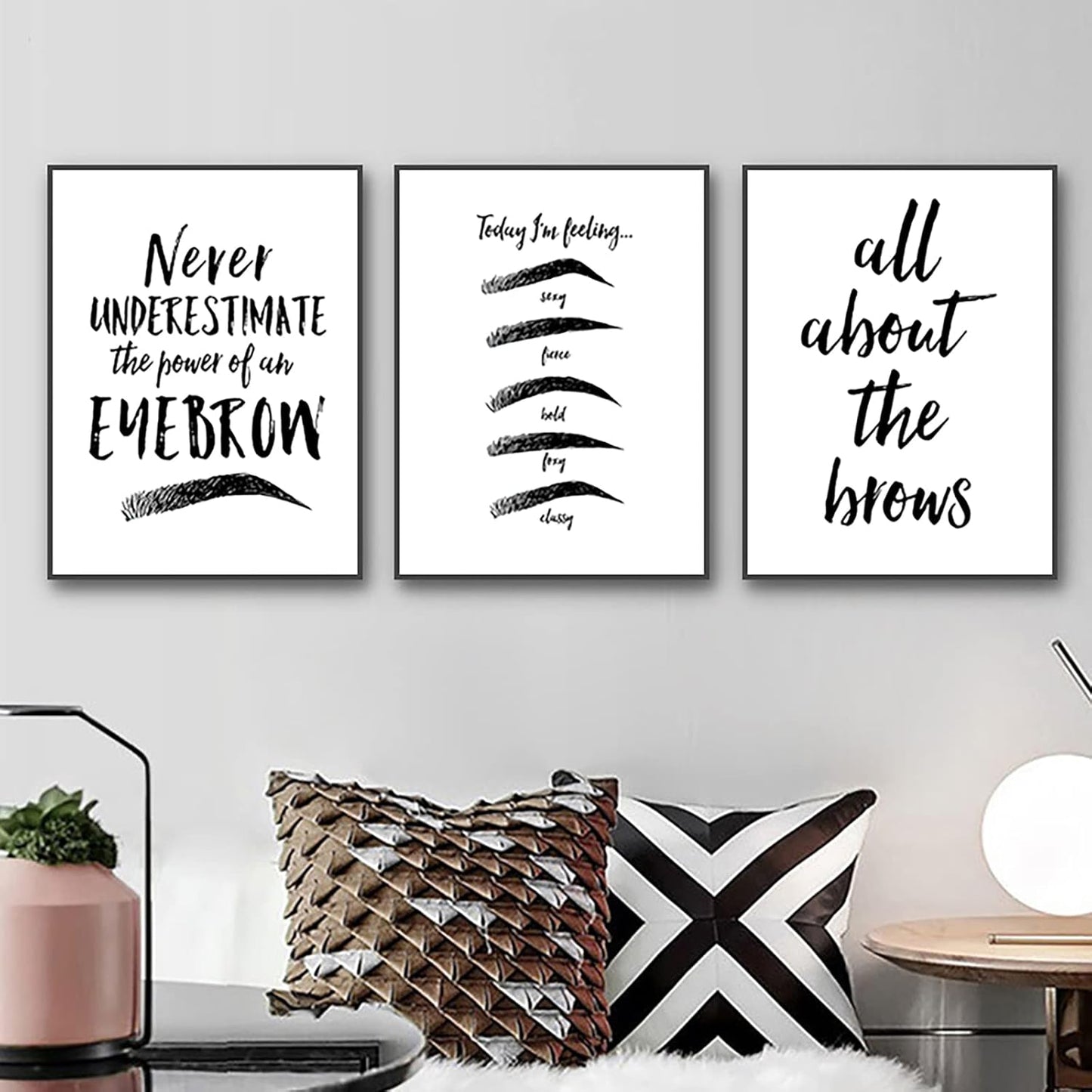 Eyebrow Art Prints - Beauty Salon Canvas Wall Art | Black & White Eyebrow Quotes | 12x16 Inch Unframed Set of 3