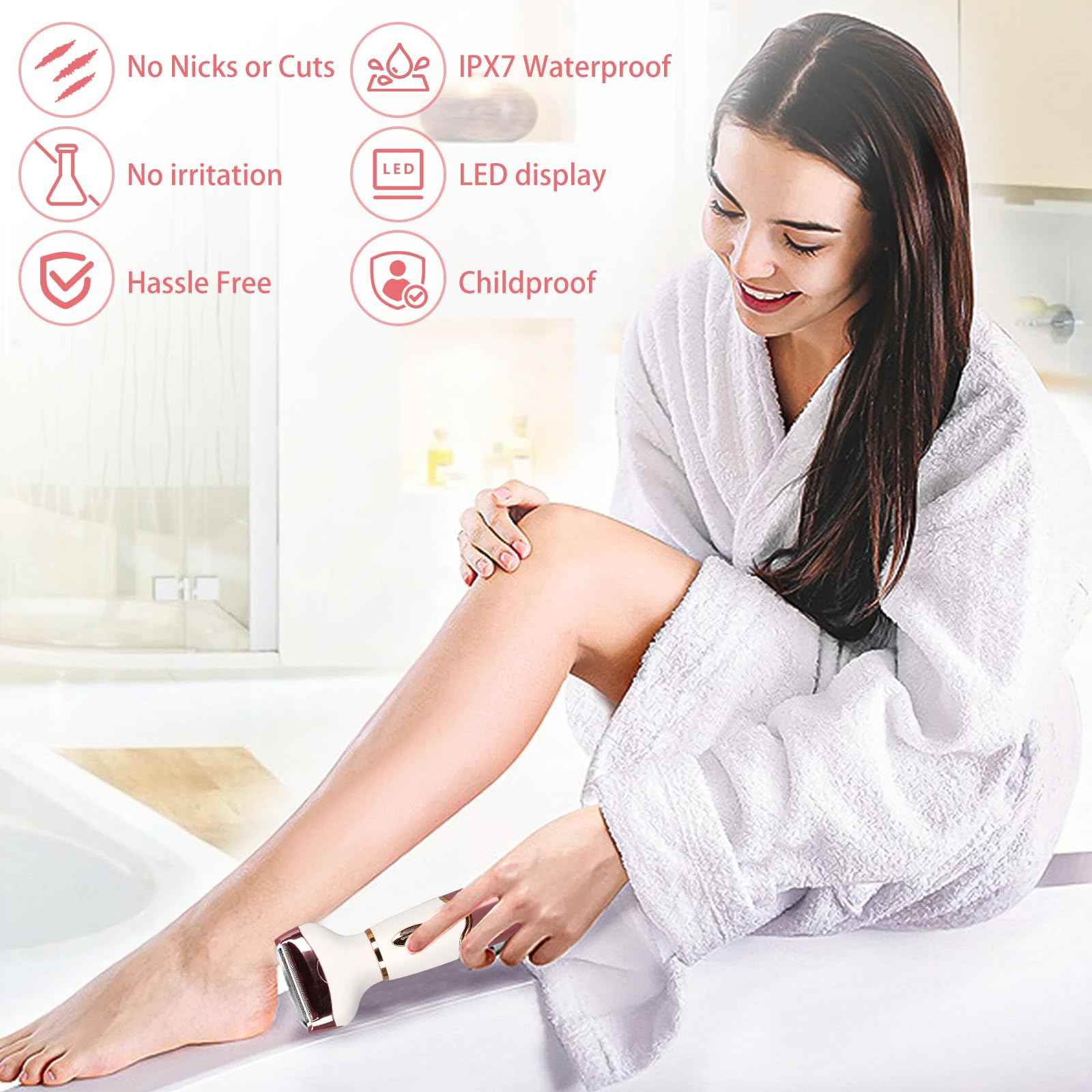 Women Electric Razor, Painless Body Hair Trimmer and Facial Hair Removal Kit,Cordless Body Shaver for Trip, LCD Display USB Charge, IPX7 Waterproof&Easy Cleaning for Face Arm Leg Bikini Underarm