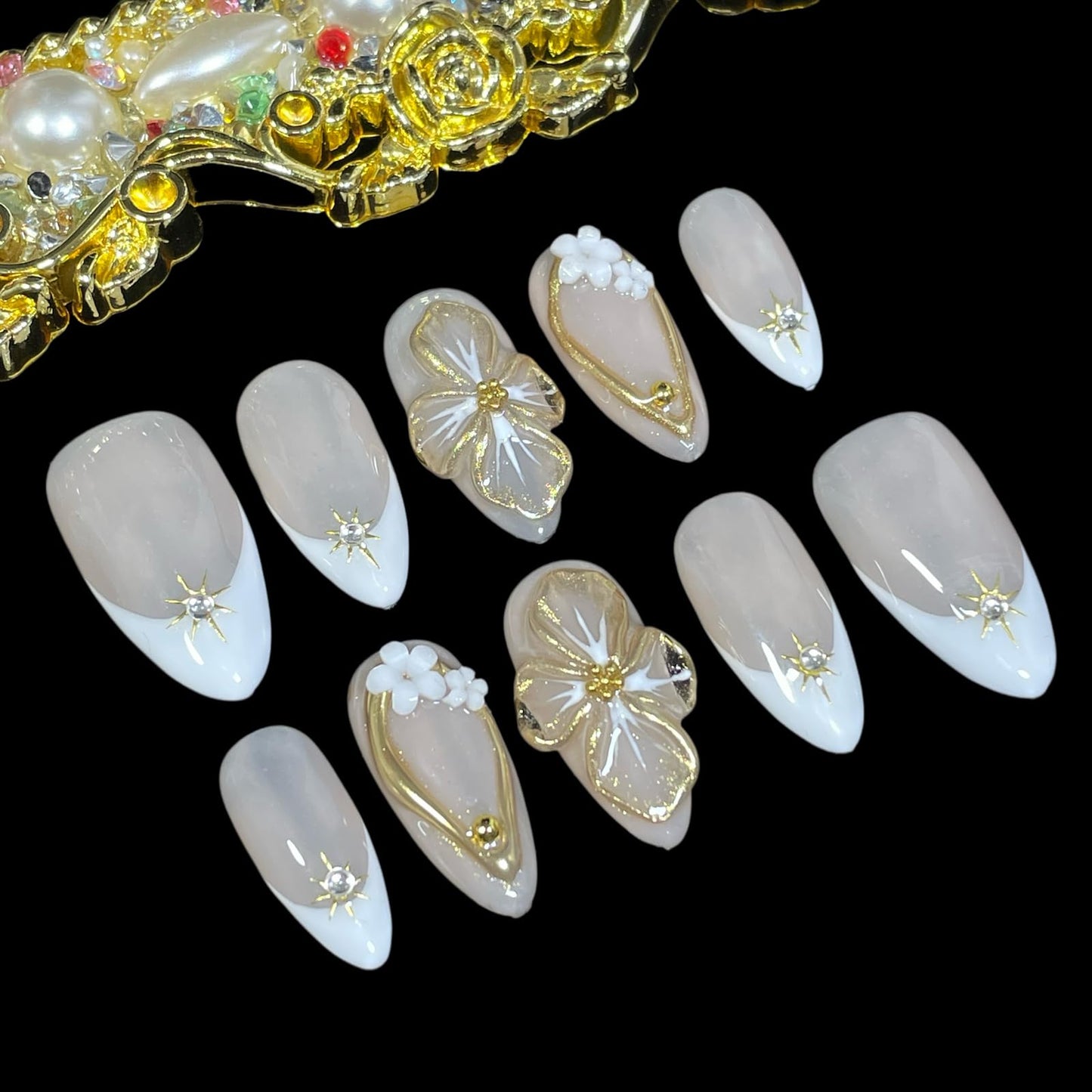 Handmade Press On Nails Medium Almond Shape White French 3D Floral & Star Design with Gold Accents | Elegant Fake Nails Reusable Acrylic Nail Tips with Crystals & Soft Beige Base (Elegant White, S)
