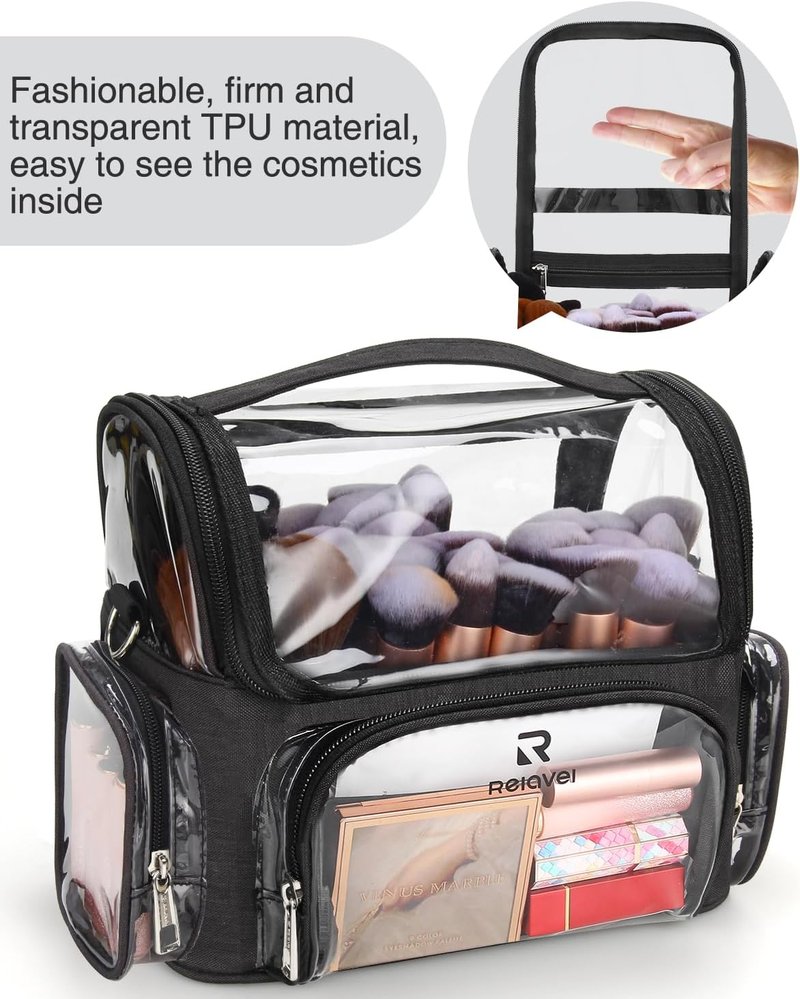 Clear Makeup Brush Case - Stand-Up Cosmetic Organizer for Professionals | Adjustable Divider & Strap - X-Large Black
