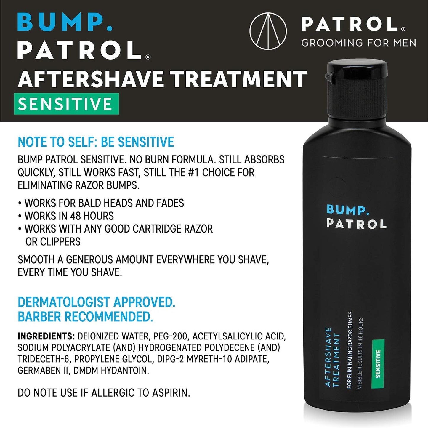 Bump Patrol Sensitive Strength Aftershave Treatment Serum – Razor Bump Stopper and Ingrown Hair Treatment for Men and Women, Alcohol Free Ingrown Hair Serum for Sensitive Skin 2 oz (Pack of 4)