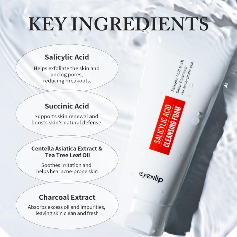 eyeNlip Salicylic Acid Cleansing Foam 5.07 fl oz - Gentle Exfoliating Face Wash with Tea Tree and Charcoal for Clear, Refreshed Skin, Korean Skincare