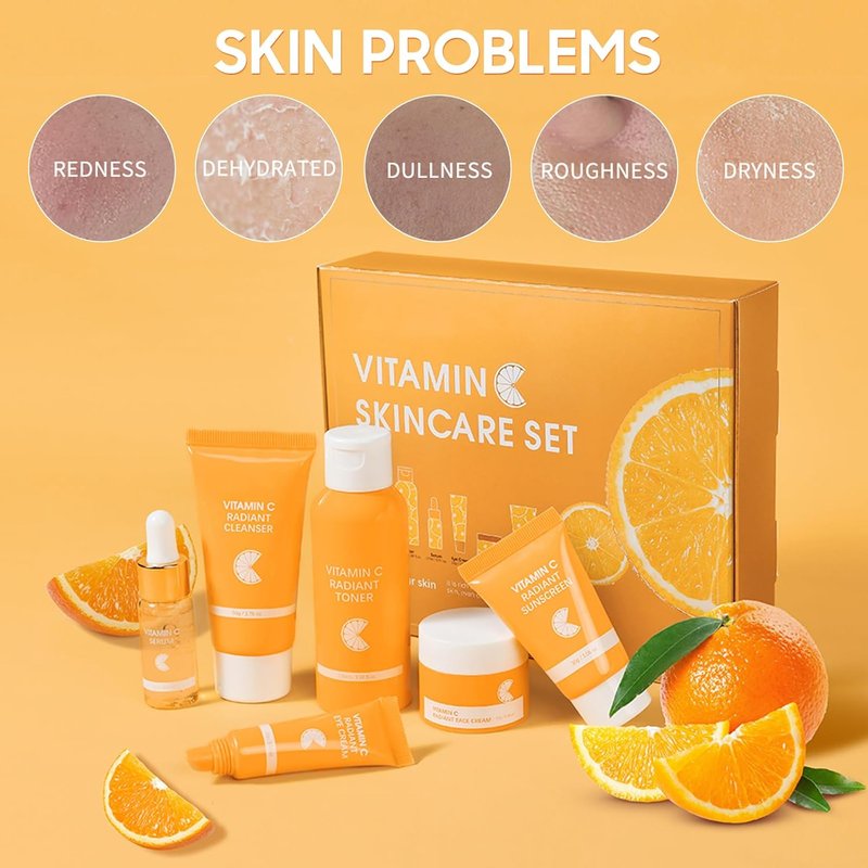 Vitamin C Skincare Set - 6 Pcs Face Care Kit with Cleanser, Serum, Eye Cream, Moisturizer & Sunscreen | Brightening & Hydrating for Teens