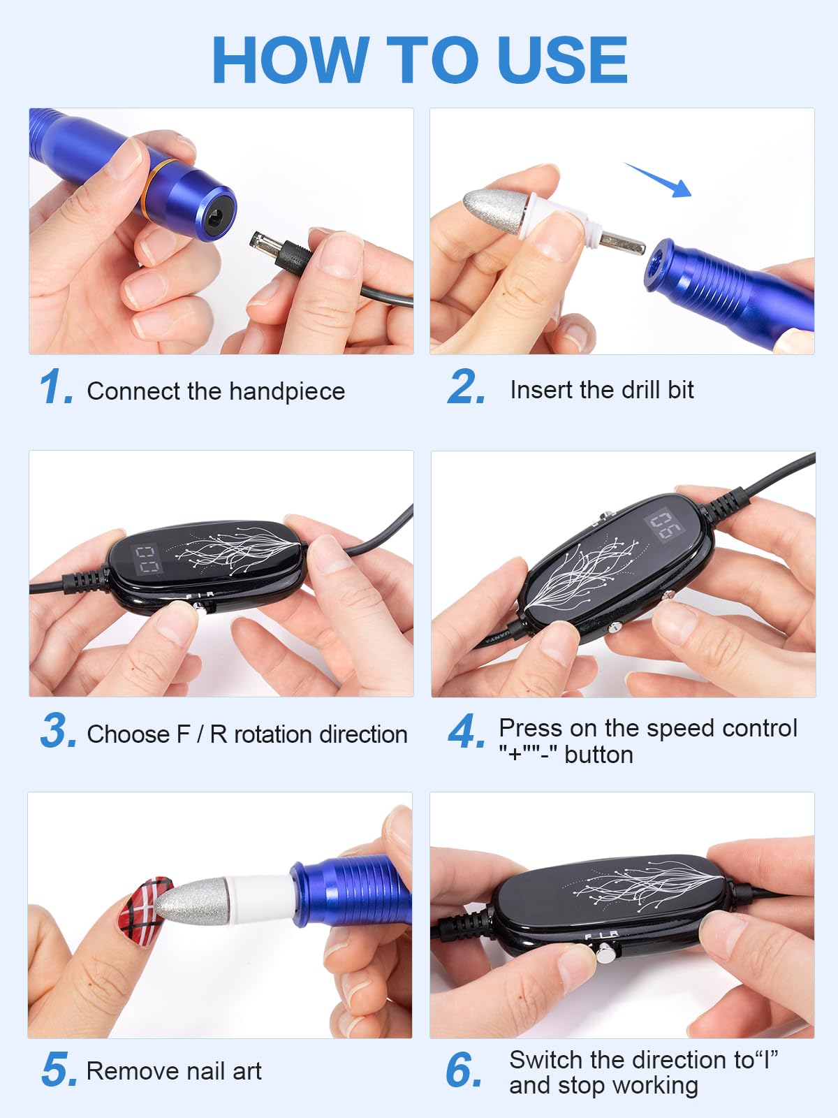 Subay Professional Manicure Pedicure Kit, Electric Nail Drill Set with LED Display, 25000RPM, 11-Piece Attachments Plus 20 Sanding Bands, Nail Grinder Tool for Women Men Baby Pets (Dark Blue)