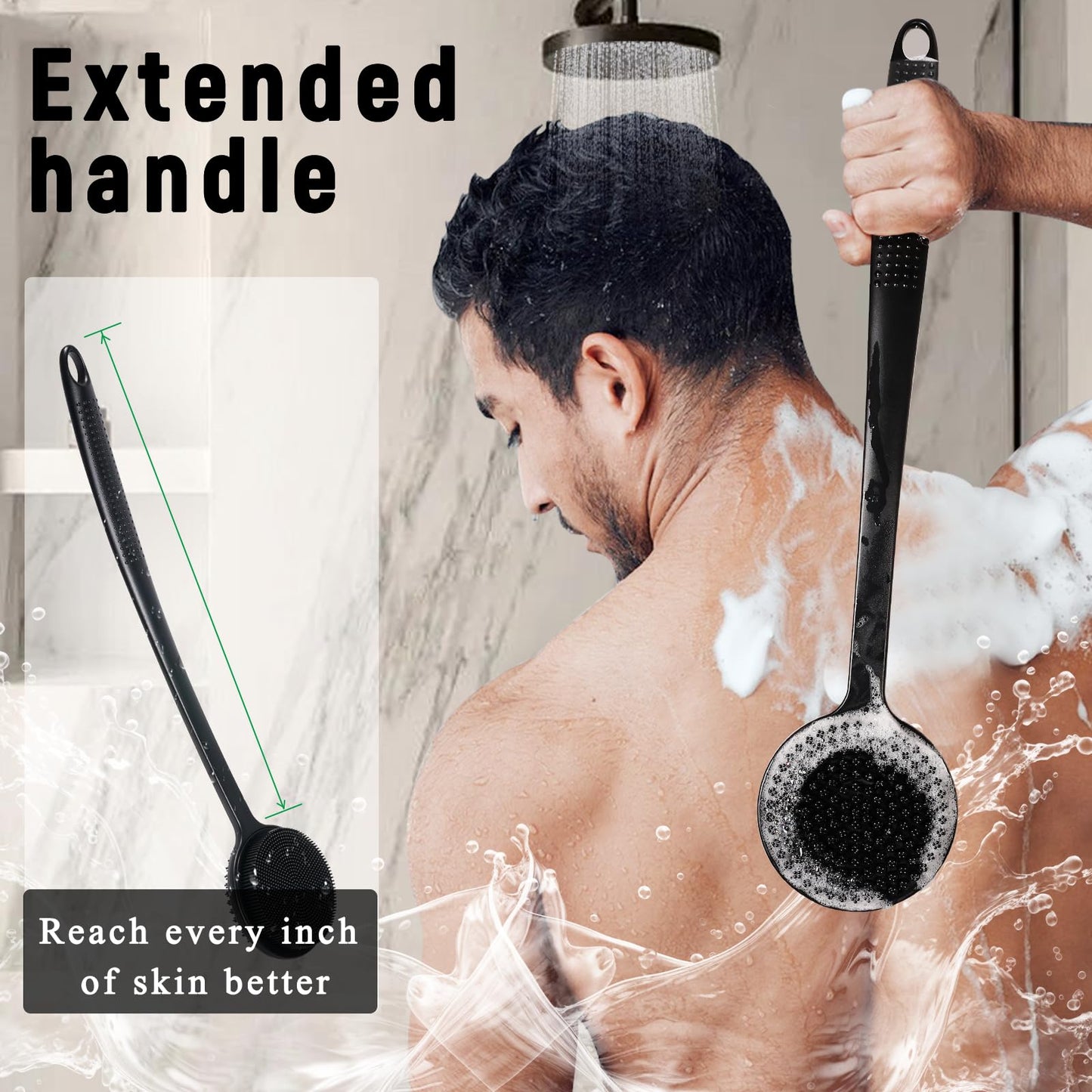 2 Pack Back Scrubber for Shower, 17in Lengthen Long Handle Body Brush, Double Sided Shower Brush for Shower Exfoliating and Massage Can Produce Rich Foam, Long Handle Back Scrubber for Men