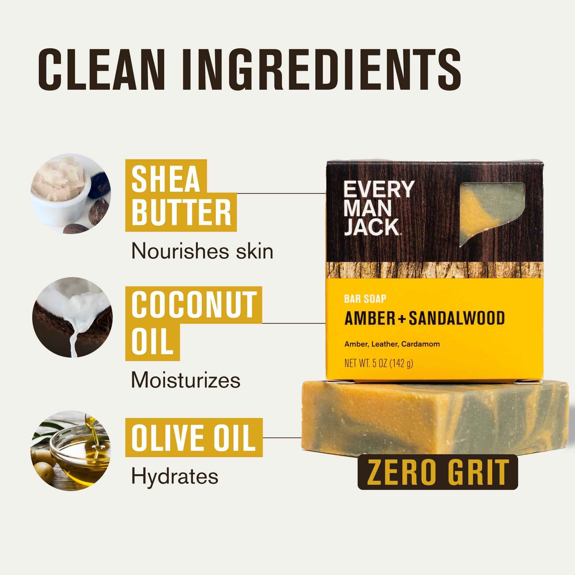 Every Man Jack Cold Processed Mens Bar Soap - Subtle Amber + Sandalwood Scent - Deeply Cleans & Hydrates w/Naturally Derived Ingredients - (3 Pack)