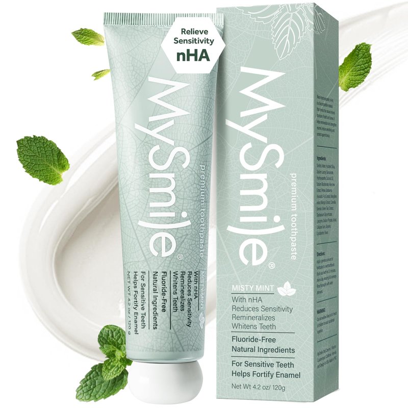 MySmile Fluoride Free Nano Hydroxyapatite Toothpaste for Sensitive Teeth, Strengthens Enamel, Remineralizes & Whitens Teeth, Freshens Breath for Adults, SLS Free, Natural Misty Mint, 4.2 oz
