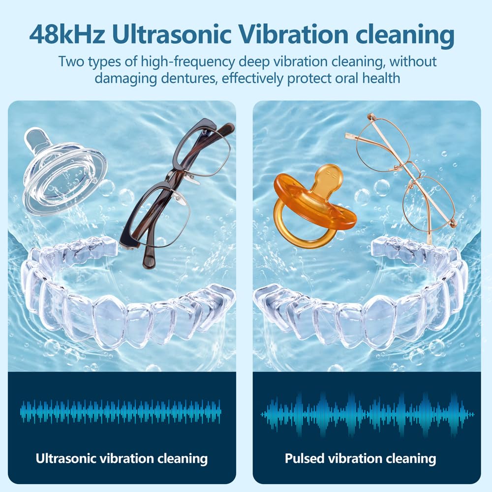 500ML Capacity 48kHz, Updated Version Ultrasonic Retainer Cleaner, Multi-Functional Cleaner Machine For Dentures, Mouth Guards, Braces, Toothbrush, Jewelry, Glasses with Alam Clock Function (black)