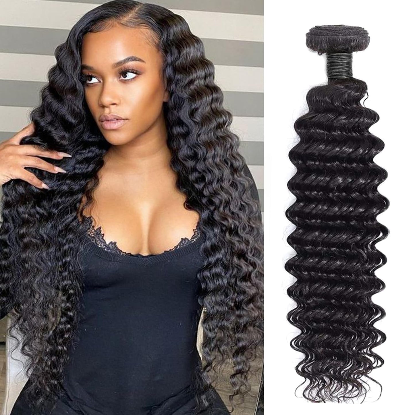 Deep Wave Bundles - Brazilian Virgin Human Hair Extensions | 12A Grade, Natural Black, 100g, 18 Inches