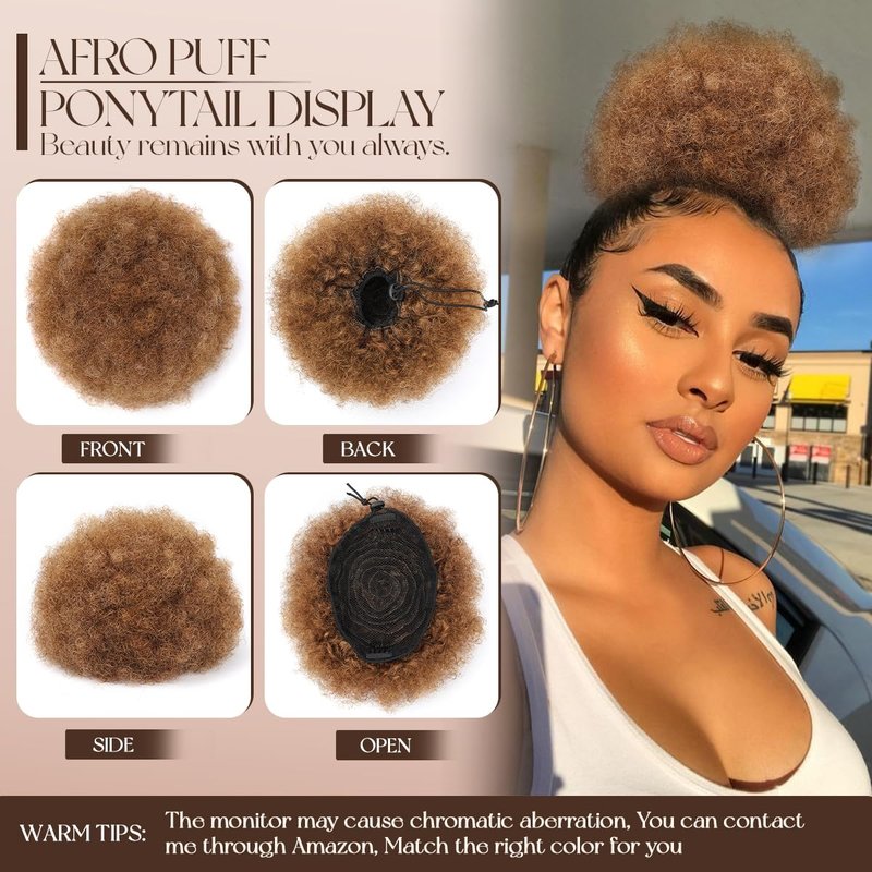 Human Hair Ponytail - 8 Inch Kinky Curly Puff Extensions | Medium Brown, Soft & Durable