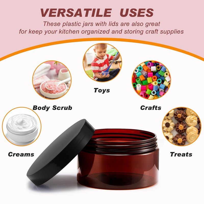 24 Pcs 8 oz Amber Plastic Jar Containers - Refillable Round PET Jars for Lotion, Cream, Makeup Storage | Ideal for Travel