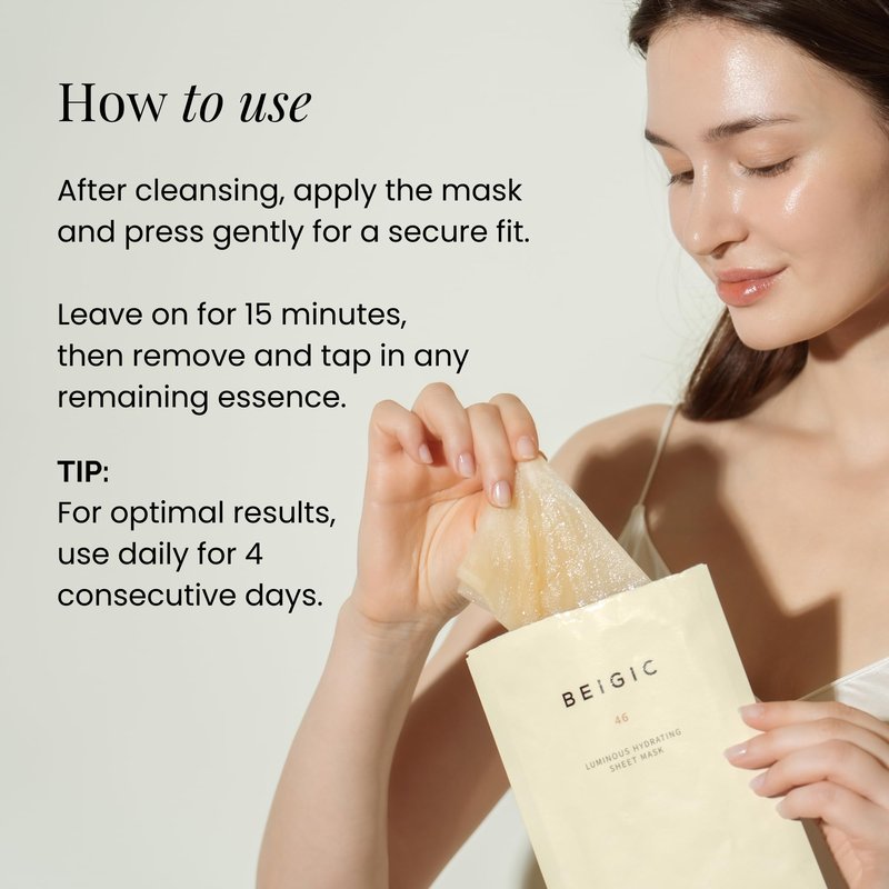 BEIGIC Luminous Hydrating Sheet Mask - Vegan Moisturizing Firming Face Mask Pack with Peptides, Vitamin C & Niacinamide for Dewy Glass Skin (4ea, 0.84 fl oz)