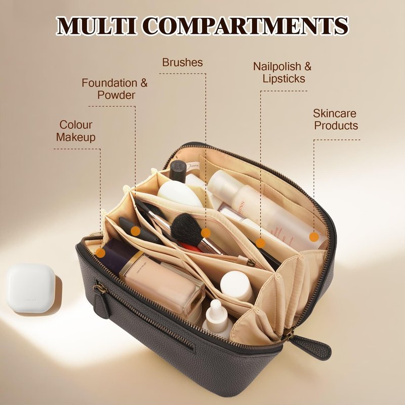 Travel Makeup Bag - Large Capacity Waterproof Cosmetic Organizer | Open Flat Design, Black, 3L