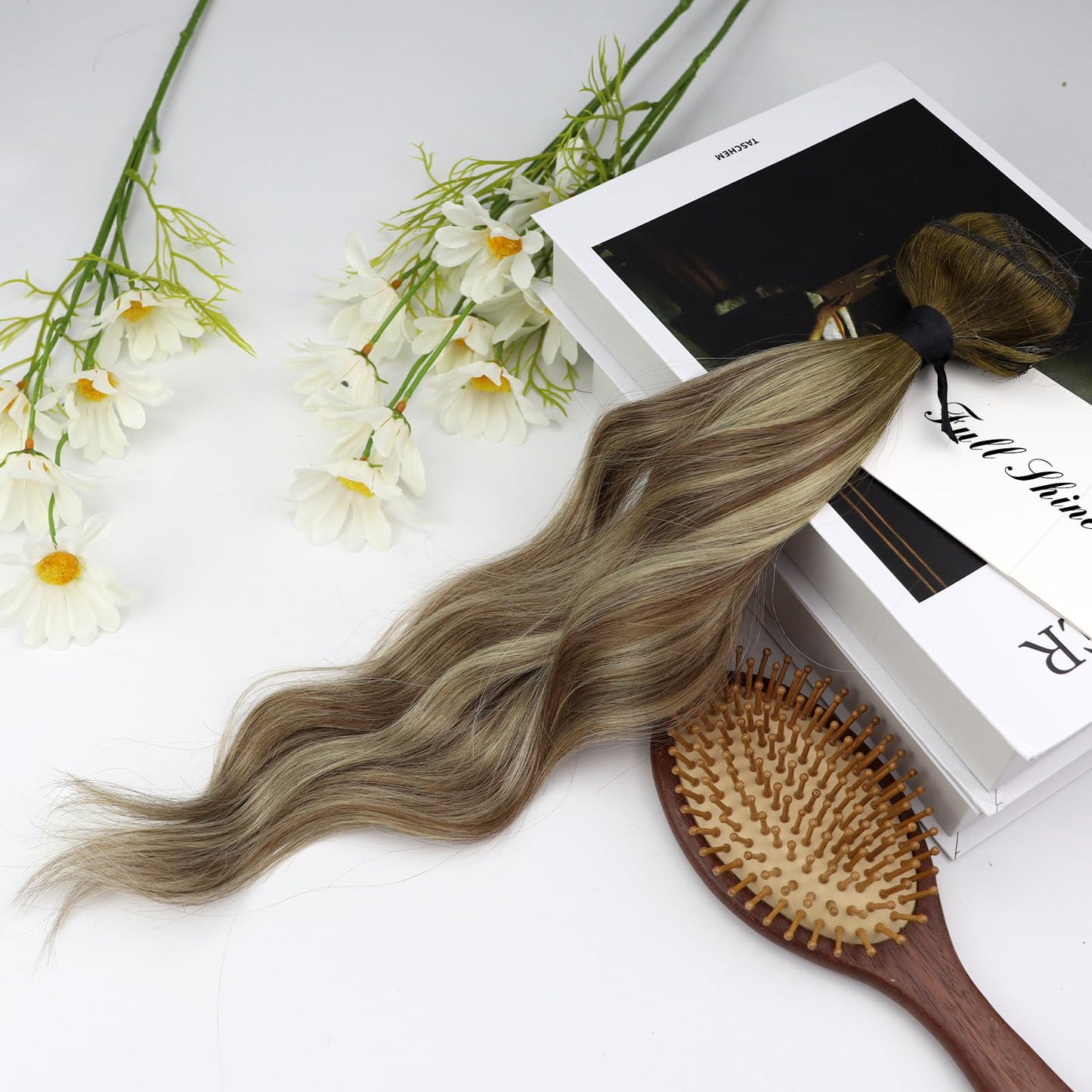 Full Shine Ombre Hair Extensions Clip in Human Hair, Dark Brown Roots Ash Brown Mix Medium Blonde Lace Weft for Layered Hair Enhancement, 16 Inch 3 Pcs 60g
