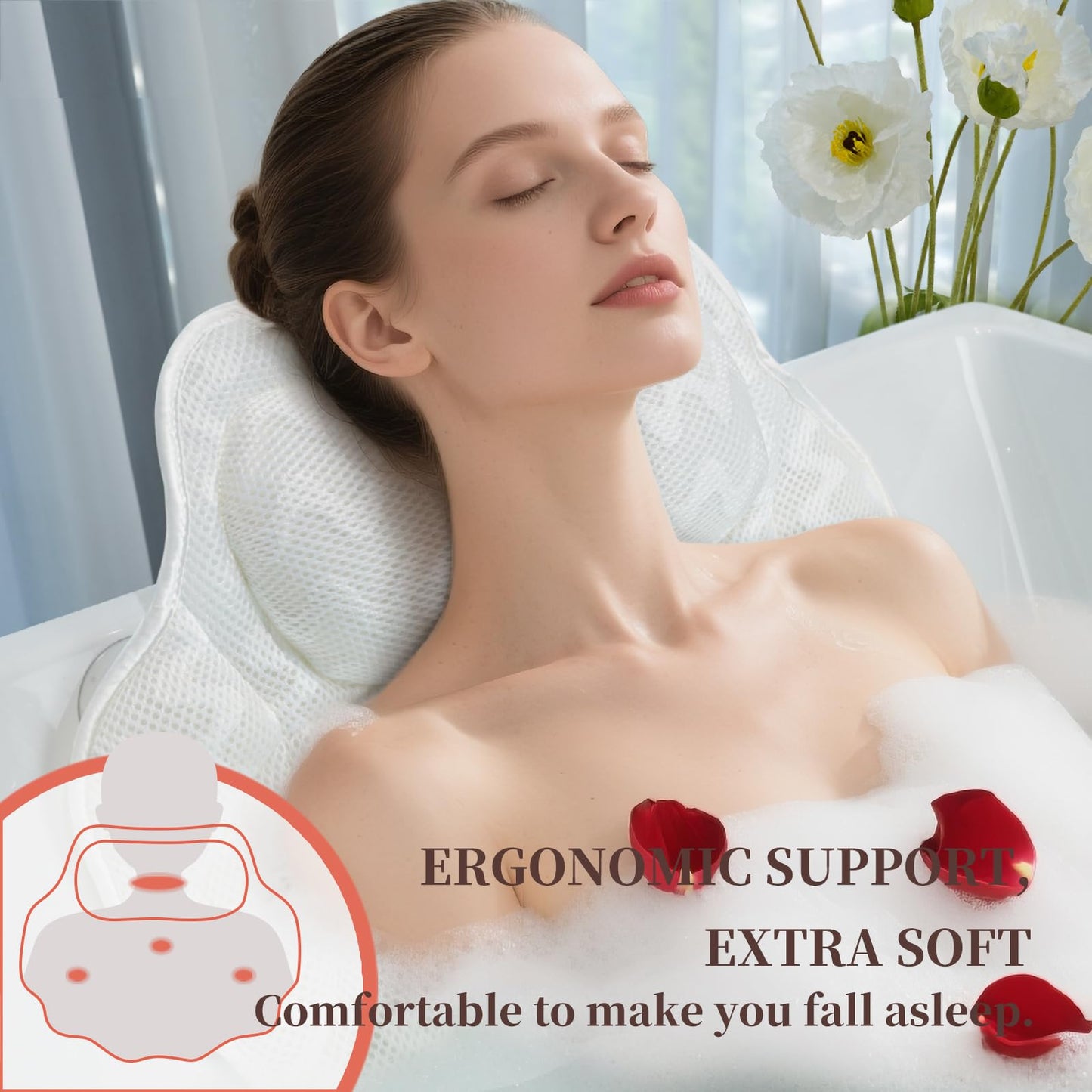 Super Thick Bath Pillow, Soft and Comfortable Bath Pillow, 4D mesh Fabric and 6 Non-Slip Suction Cups, Used for Bathtub Head and Neck Support to Relax Family spa hot tub Essentials, Ladies Bath Gift