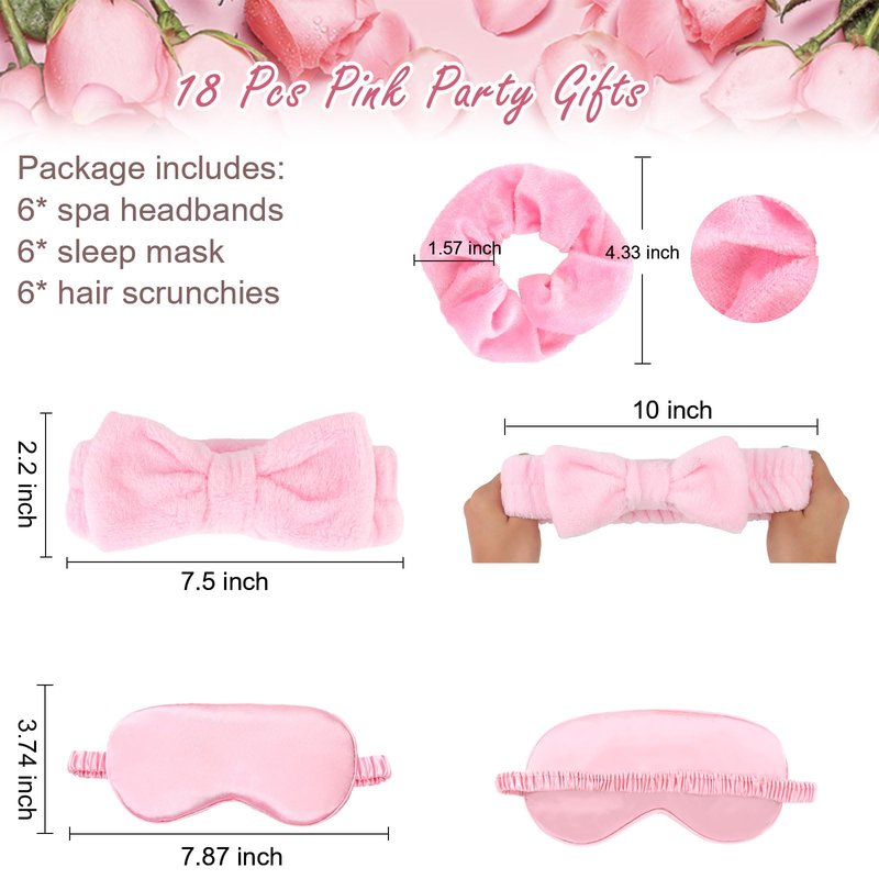 WHAVEL 18 Pcs Sleepover Party Supplies for Girls - Pink Party Favors Include 6 Spa Headband, 6 Silk Eye Mask and 6 Velvet Scrunchies for Spa Birthday, Bachelorette, Slumber (Pink)