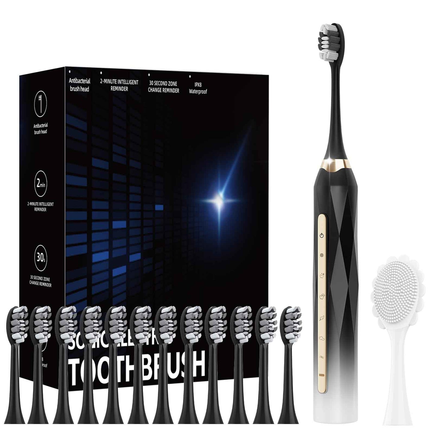 Adult Sonic Electric Toothbrush, USB Rechargeable Sonic Toothbrush, with 12 Brush Heads, 5 Modes, Equipped with Cleaning Brush, Brushing and Washing Two in one
