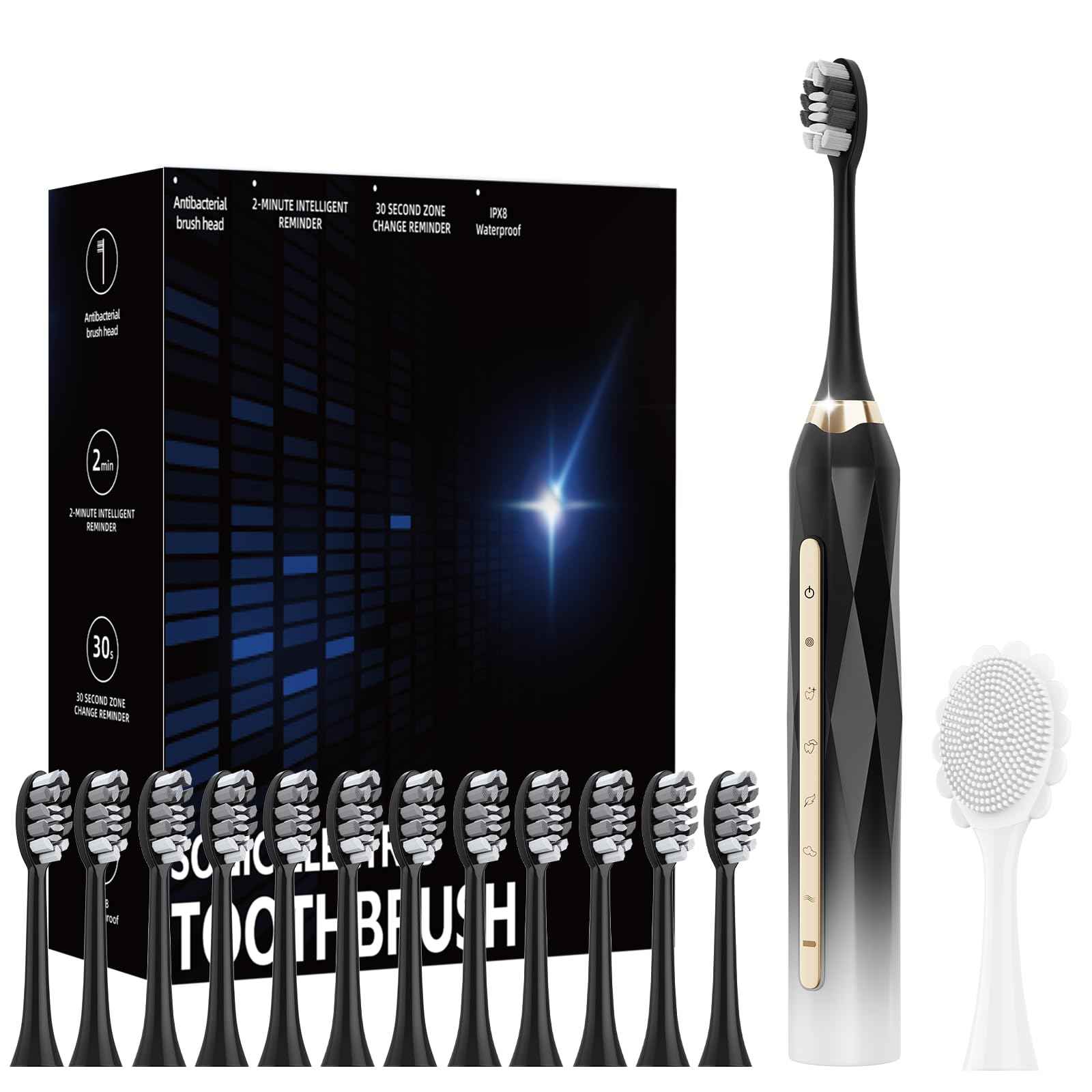Adult Sonic Electric Toothbrush, USB Rechargeable Sonic Toothbrush, with 12 Brush Heads, 5 Modes, Equipped with Cleaning Brush, Brushing and Washing Two in one