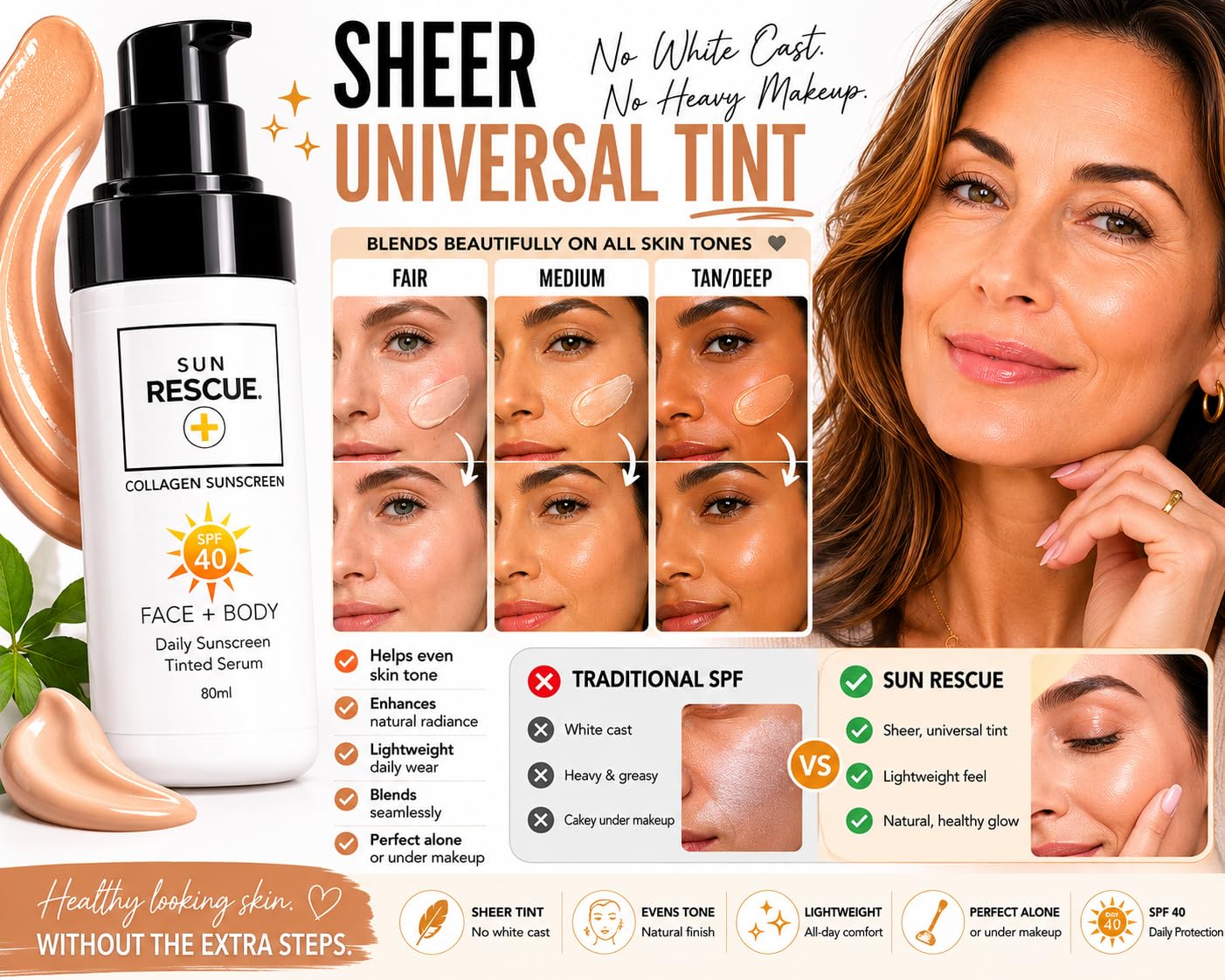 Sun Rescue SPF 40 Tinted Moisturizer -Face & Body, 2-Pack | Collagen + Vitamin C Broad Spectrum UVA/UVB Protection | Hydrating Sheer Tint for Healthy, Radiant Skin | 2 x 80ml