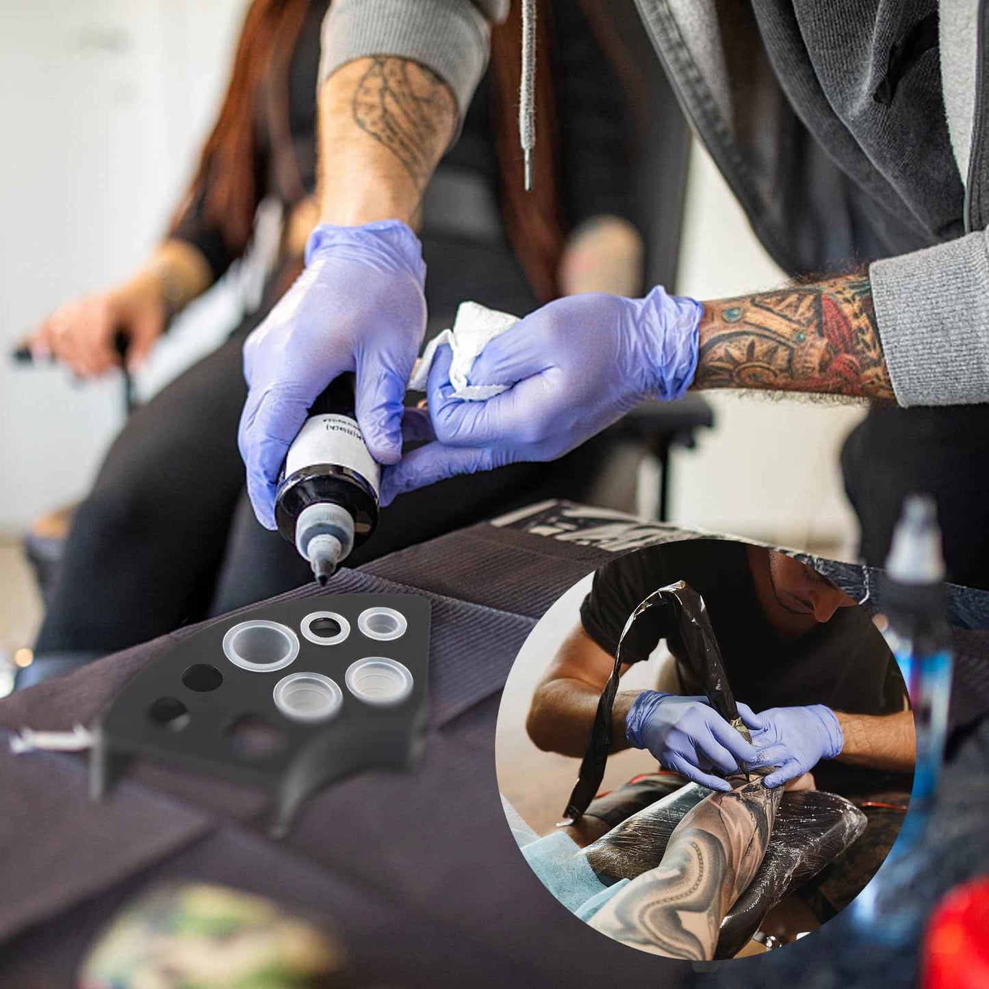 Tattoo Ink Caps with 3Pcs Tattoo Ink Cup Holders - Romlon Ink Caps Kit Include 1000pcs Disposable Large Ink Cups and 3pcs Ink Cap Holders Permanent Makeup Container Cap and Holder for Tattoo Supplies