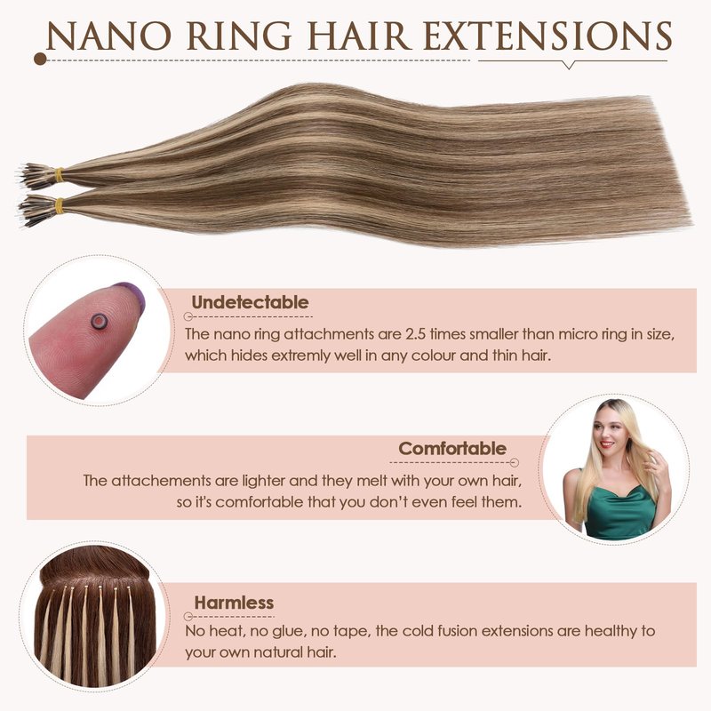 TESS Nano Bead Human Hair Extensions, Nano Ring Hairpieces Nano Tip Hair Extensions Pre-Bonded Seamless Look 50pcs/pack, 18 inch, #4RP27R Chocolate Brown Mixed Light Brown