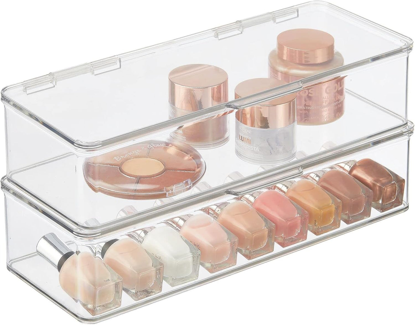 Makeup Storage Organizer Box - Stackable Clear Container for Vanity | Holds Blenders, Palettes & Brushes - 2 Pack