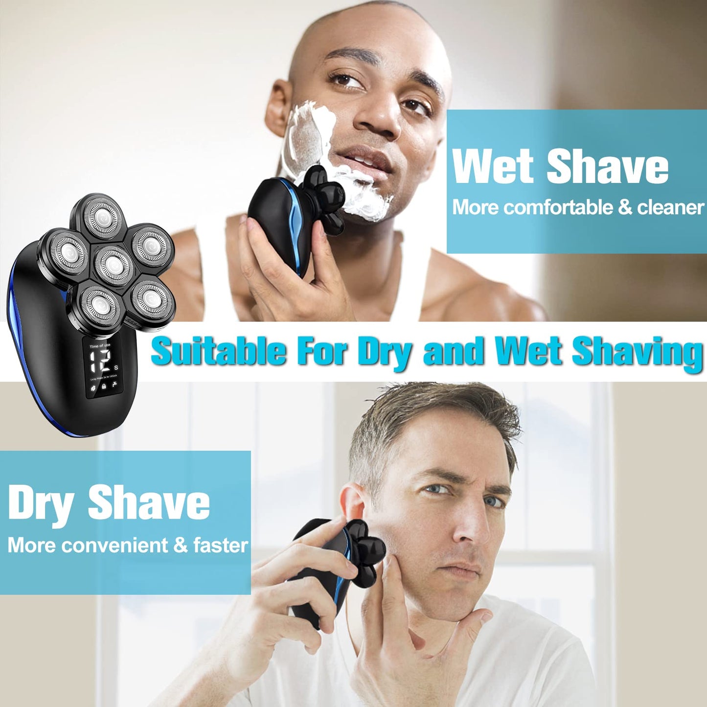 Head Shaver for Bald Men, 6-in-1 Electric Shaver for Bald Head 6D Wet/Dry Waterproof Mens Electric Razor Head Shavers with Grooming Kit Cordless Rechargeable Face Head Shaving Rotary Shavers Blue