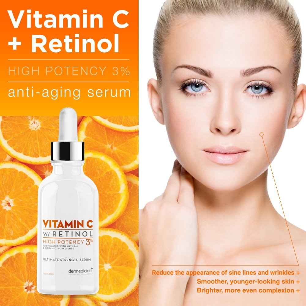Vitamin C High Potency 3% Retinol Blend | Anti-Aging Serum for Face | Professional Grade Quality | Helps Reduce Appearance of Fine Lines & Wrinkles, Brightens and Improves Appearance of Skin Tone