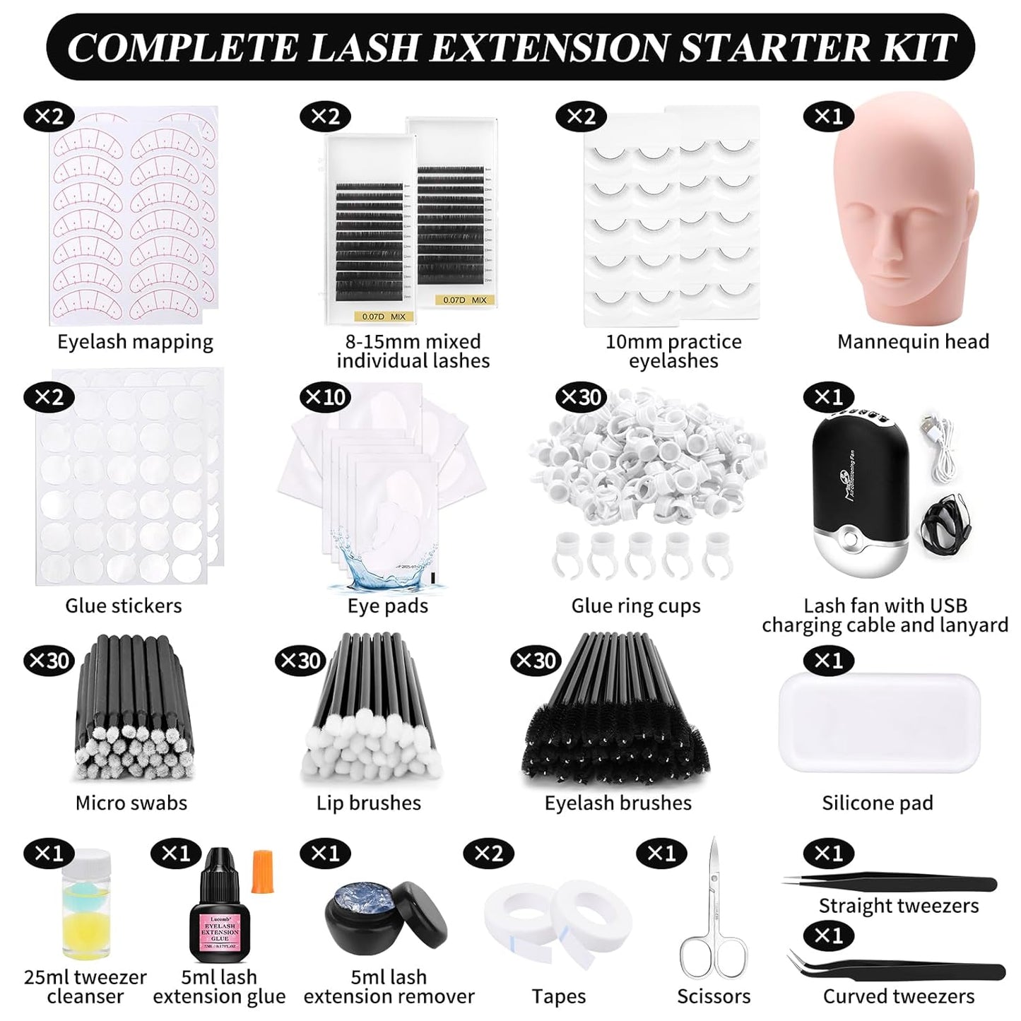 Eyelash Extension Kit - Complete Lash Training Tools Set for Beginners | Mannequin Head, Glue, Tweezers & More