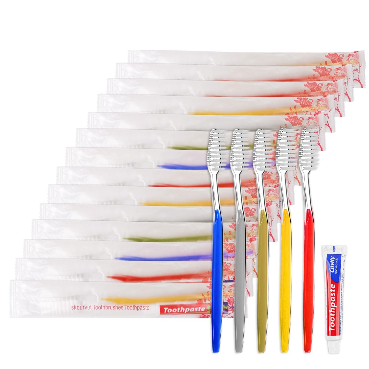 skourvut Disposable Toothbrushes with Toothpaste Individually Wrapped 5 Colors Bulk Toothbrush and Toothpaste 10g for Homeless,Shelter,Air Bnb/Hotel/Guest Apartment (100)
