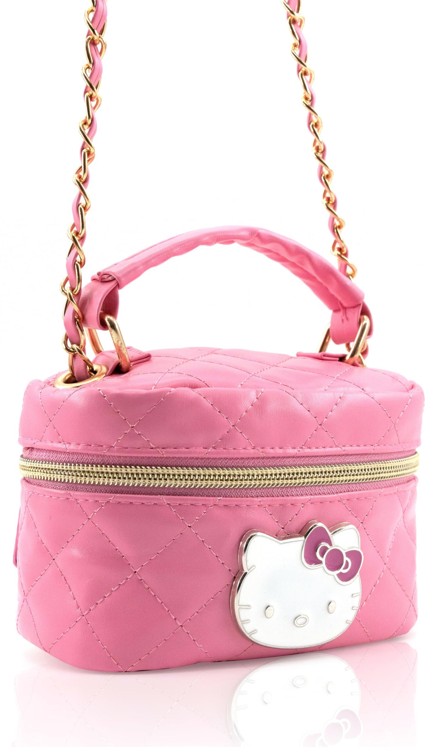 Sanrio Hello Kitty Crossbody Bag for Women | Pink Quilted PU Leather Mini Purse with Gold Chain Strap | Cute Hello Kitty Handbag, Top Handle Bowler Bag, Y2K Kawaii Aesthetic for Teens, Girls