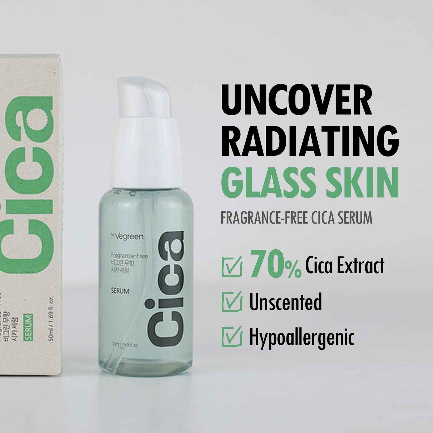 VEGREEN Fragrance-Free Cica Serum | Centella Asiatica Enriched Face Serum for Women & Men | Alcohol-Free Centella Unscented Serum Face Moisturizer | Hydrating Serum for All Skin Types 1.69 fl oz