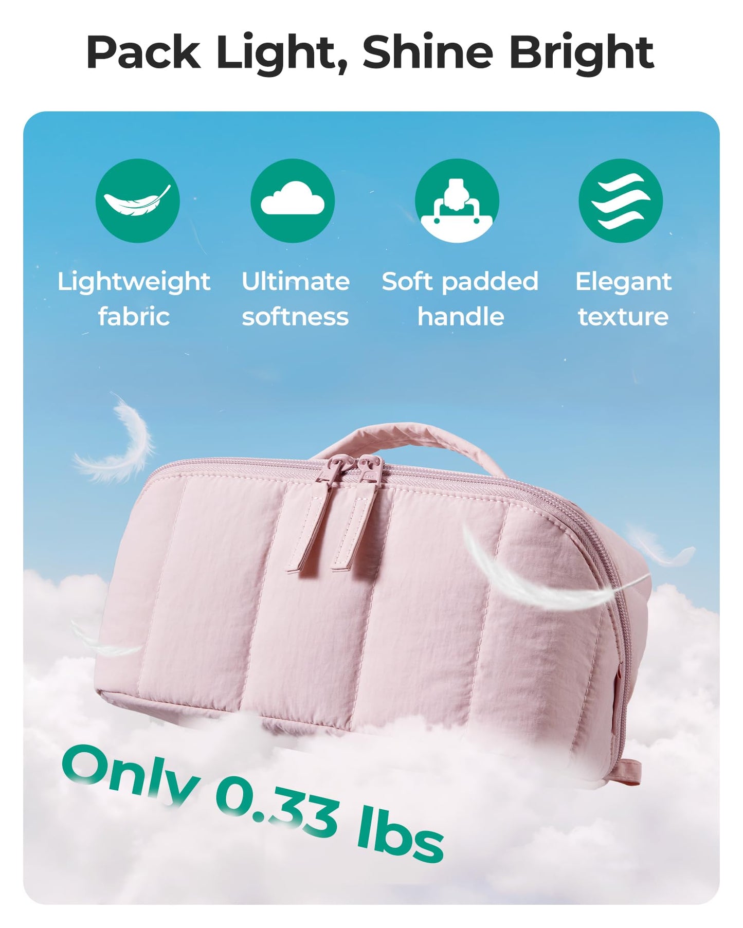 BAGSMART Travel Makeup Bag for Women, Portable Water-resistant Cosmetic Case, Puffy Padded Make Up Organizer Pouch, Open Flat Toiletry Bag for Toiletries, Brushes, Pink