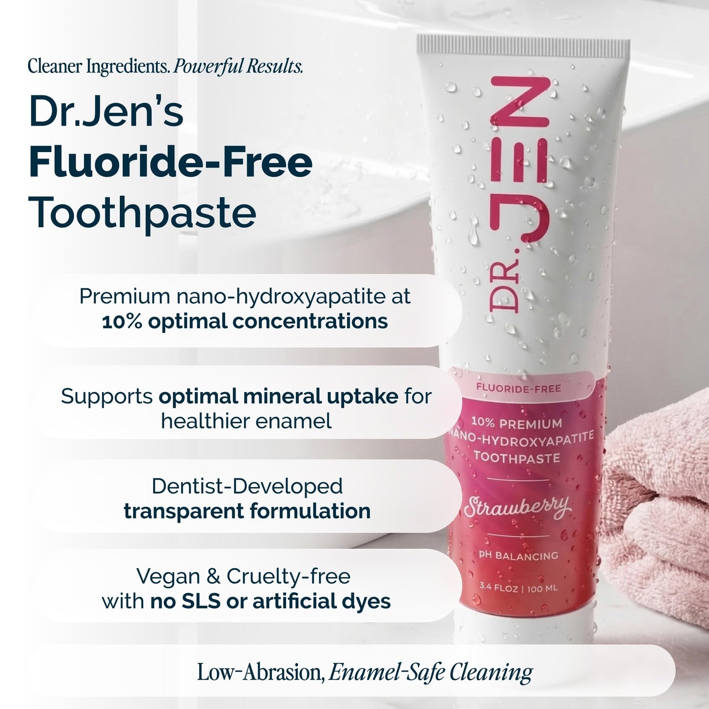 Dr. Jen Fluoride Free Toothpaste with 10% Premium Nano Hydroxyapatite, Xylitol & Glycerin, Remineralizing Daily Oral Care for Sensitive Teeth, Travel Essentials, Strawberry, 1 Pack