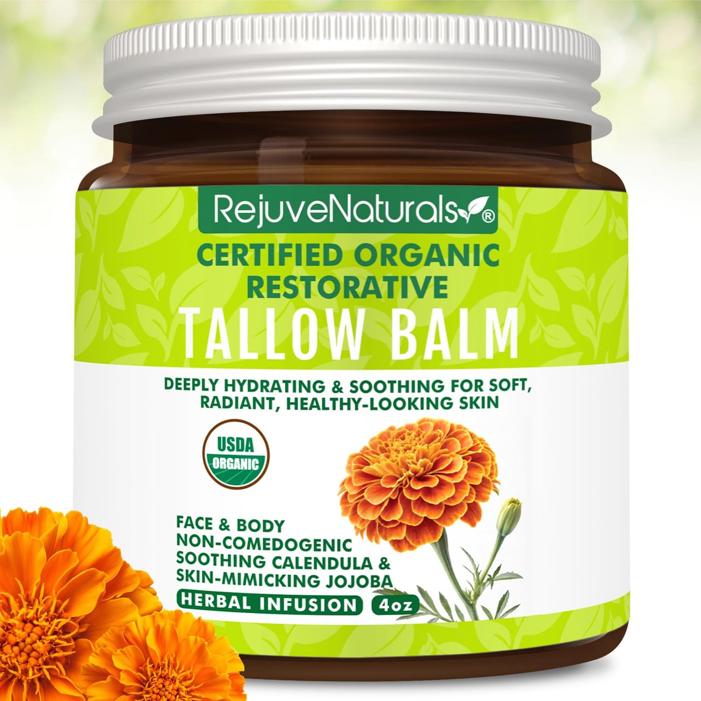 RejuveNaturals USDA Certified Organic Beef Tallow Balm, Large 4oz Glass Jar – Grass Fed & Finished Tallow with Beeswax & Jojoba Oil – Solid, Non-Comedogenic (Herbal Infusion (Unscented))