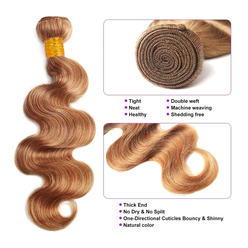 26 28 30 Inch Honey Blonde Bundles Human Hair Brown Body Wave Bundles Brazilian Virgin Soft and Silky Remy Hair Extensions Double Weft P2730 Body Wave Bundle Hair Weave