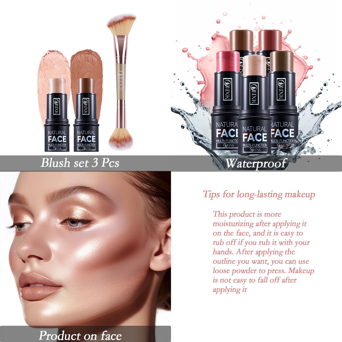 ONXK Highlighter Makeup Cream Contour Stick - Easy to Apply Natural Bronzer Stick & Blush Stick Non-greasy & Waterproof Blush for Cheeks Face Beauty Makeup Kit(Including Makeup Blush)