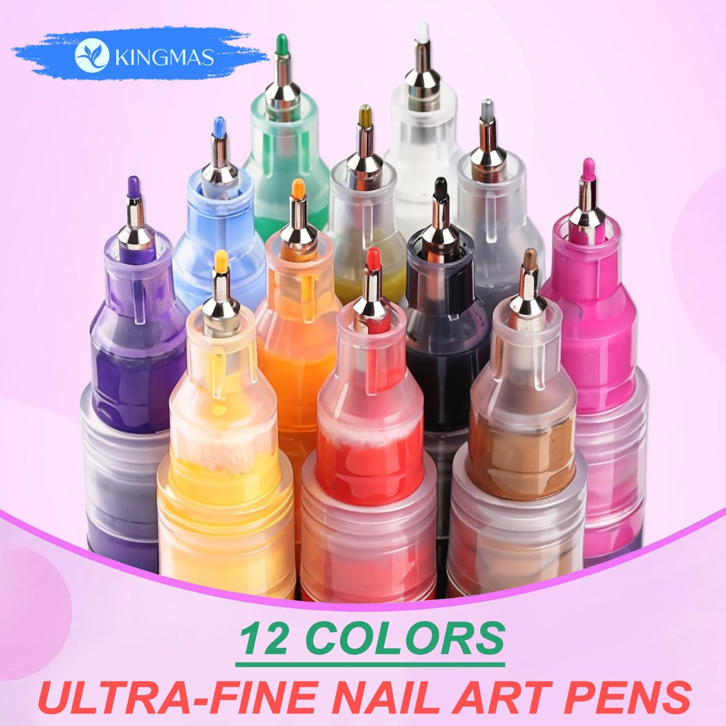 KINGMAS 12 Color Nail Art Pens, 0.5mm Nail Polish Marker Set, Drawing Painting Point Liner Acrylic Painted Pen Kit, Waterproof and Quick-drying for DIY Nails Art Design Manicure Tools