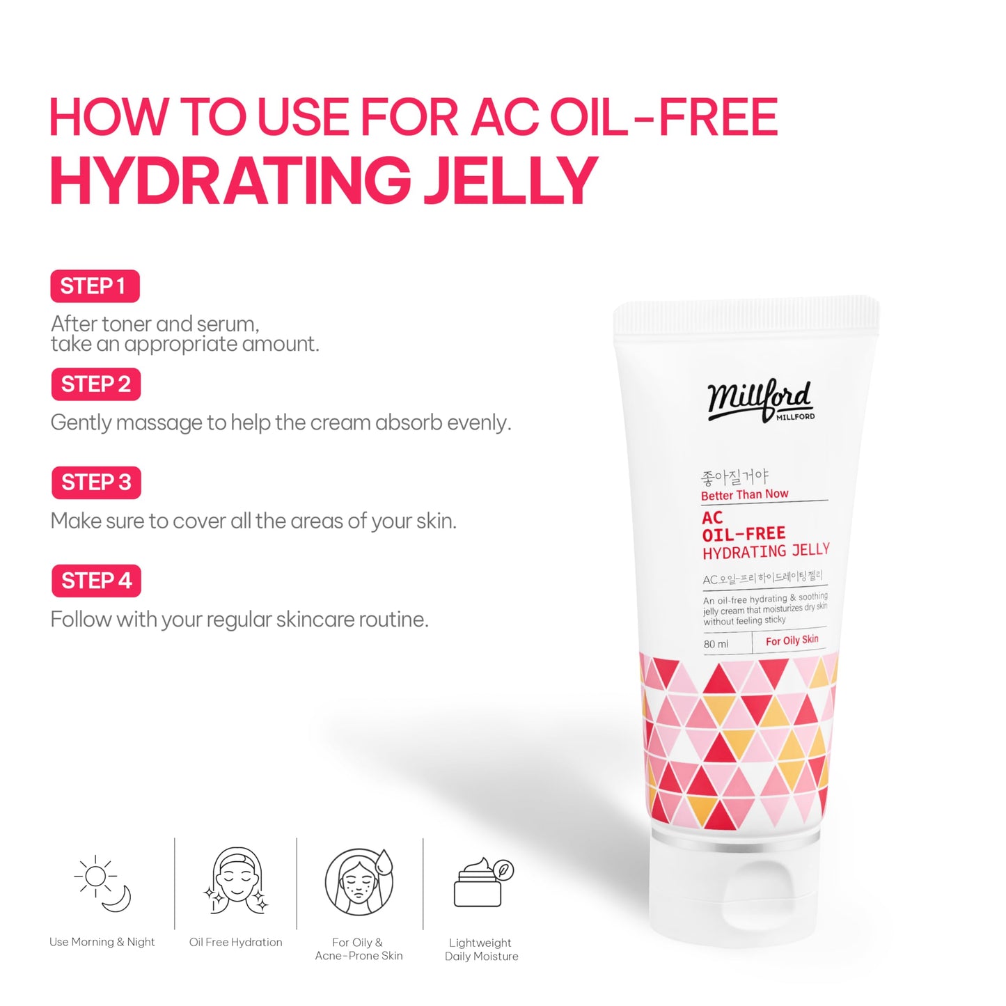 Millford AC Oil-Free Hydrating Jelly 2.7Oz, 80ml, Oil Free Facial Moisturizer for Acne-Prone Skin, Niacinamide 2%, Unscented, Mild, Soothing Cream, Non Greasy Moisturizer, Korean Skincare