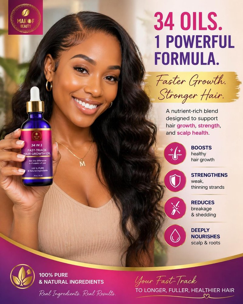 Hair Growth Oil - 34-in-1 Fast-Track Formula for Rapid Growth | Moisturizing Blend of Exotic Oils & Botanicals - 2 fl oz