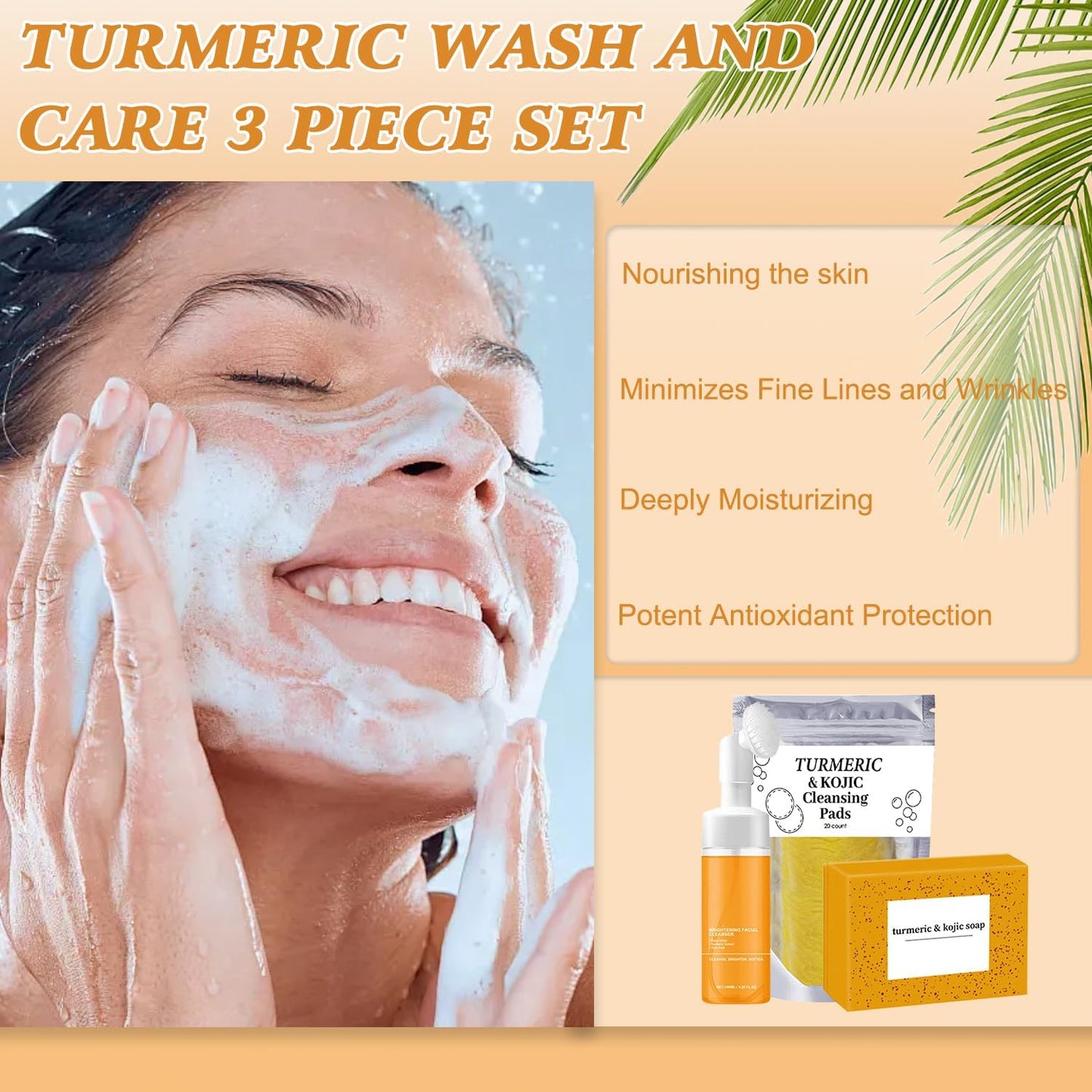4Pcs Turmeric Skincare Set - Facial Wash, Cleansing Mousse, Soap & Exfoliating Pads for Face and Body, Turmeric Trio Cleansing and Exfoliating Care