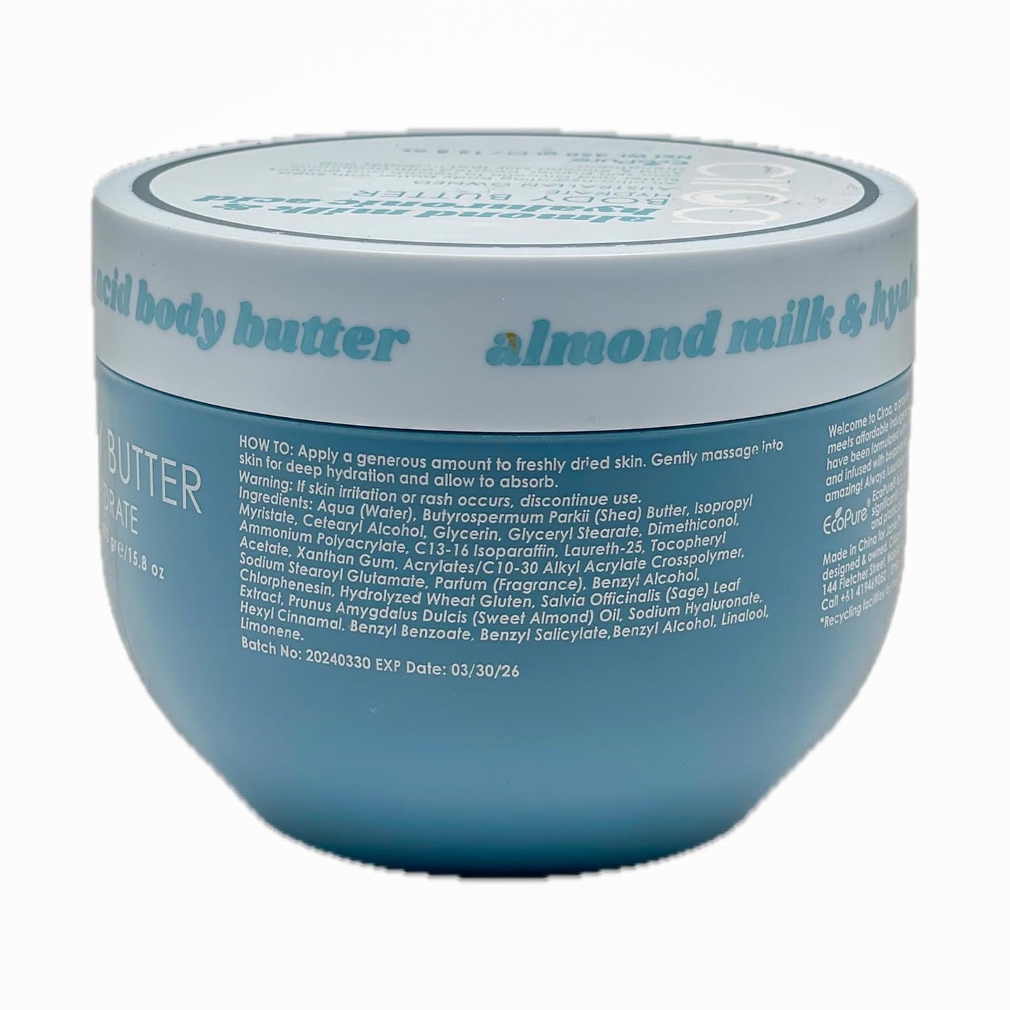 Ciroa Ultra-Hydrating Body Butter - Shea Butter & Glycerin | Almond Milk & Hyaluronic Acid, 15.8 oz